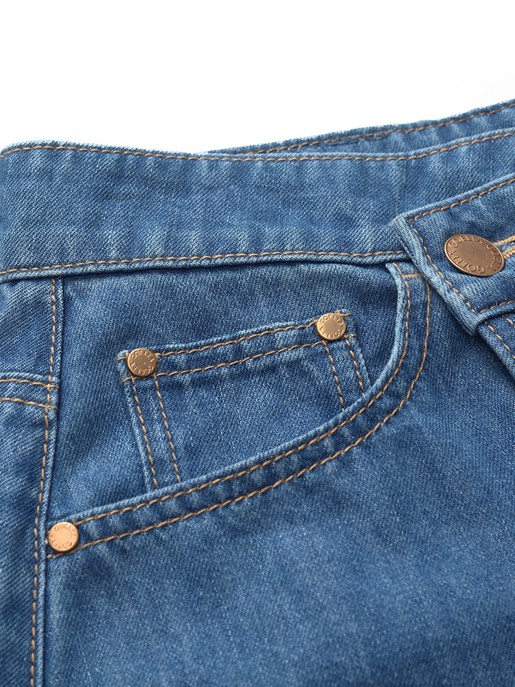 Denim Asimetrik Yırtmaçlı Kadın Etek