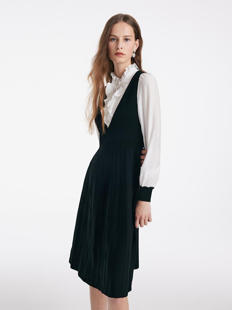 Tencel Blend Patchwork Asetat Midi Kadın Fırfırlı Elbise