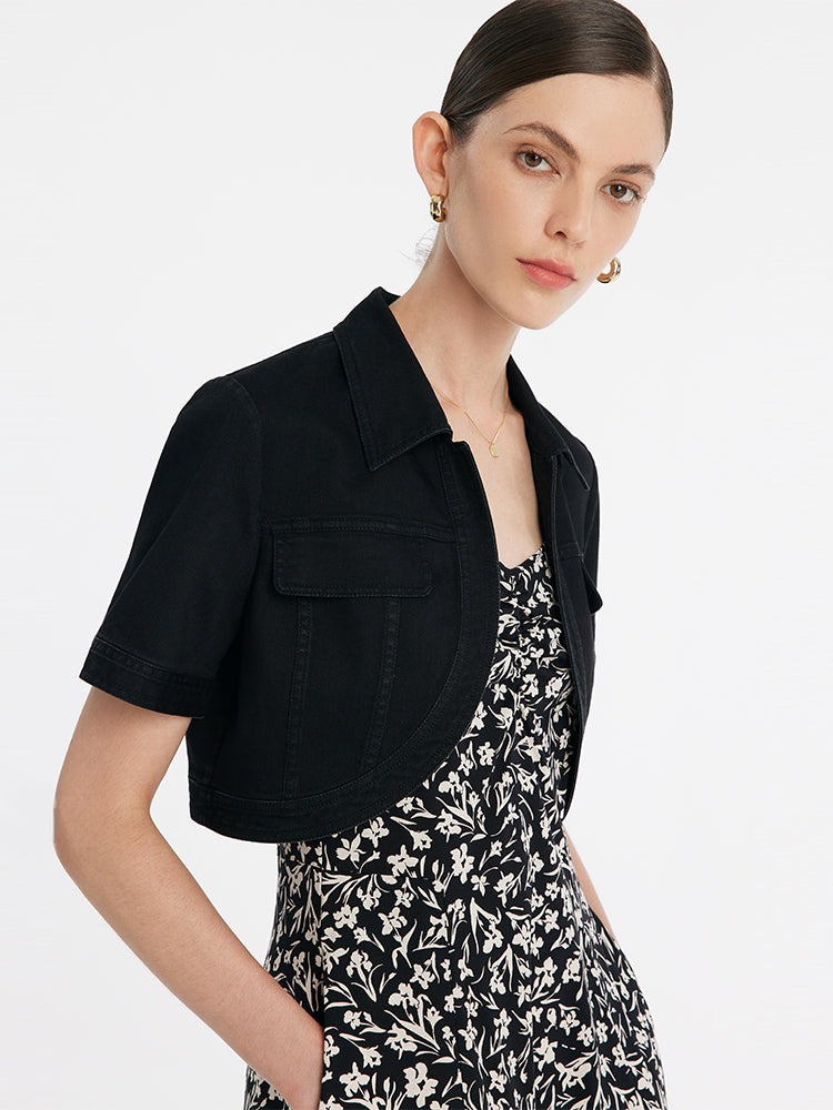 Denim Crop Ceket Ve İris Desenli Spagetti Askılı Midi Elbise İki Parçalı Set