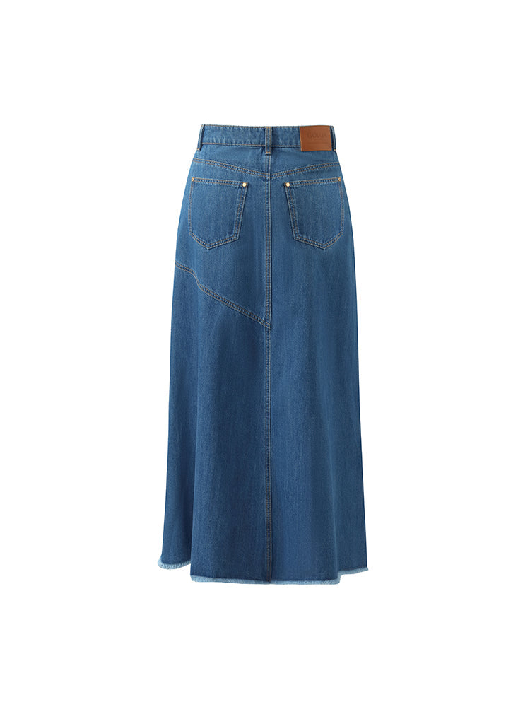 Denim Asimetrik Yırtmaçlı Kadın Etek