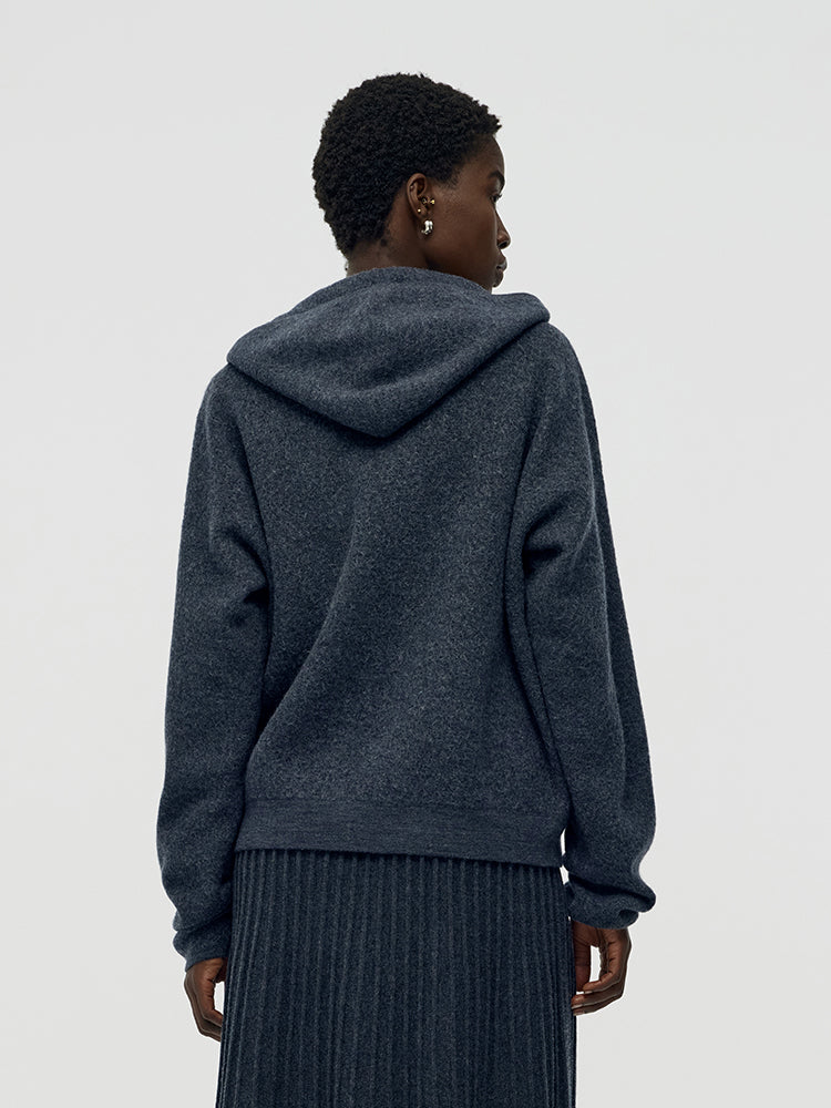 %100 Fırçalanmış Yün Fermuarlı Unisex Kapüşonlu Üst