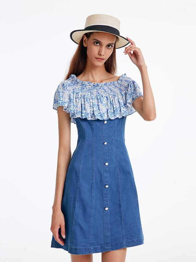 Patchwork Çiçekli Denim Elbise