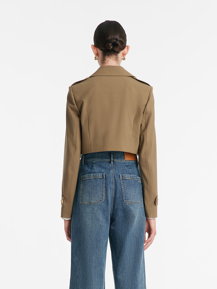 Makinede Yıkanabilir Yün Yaka Kadın Crop Trençkot