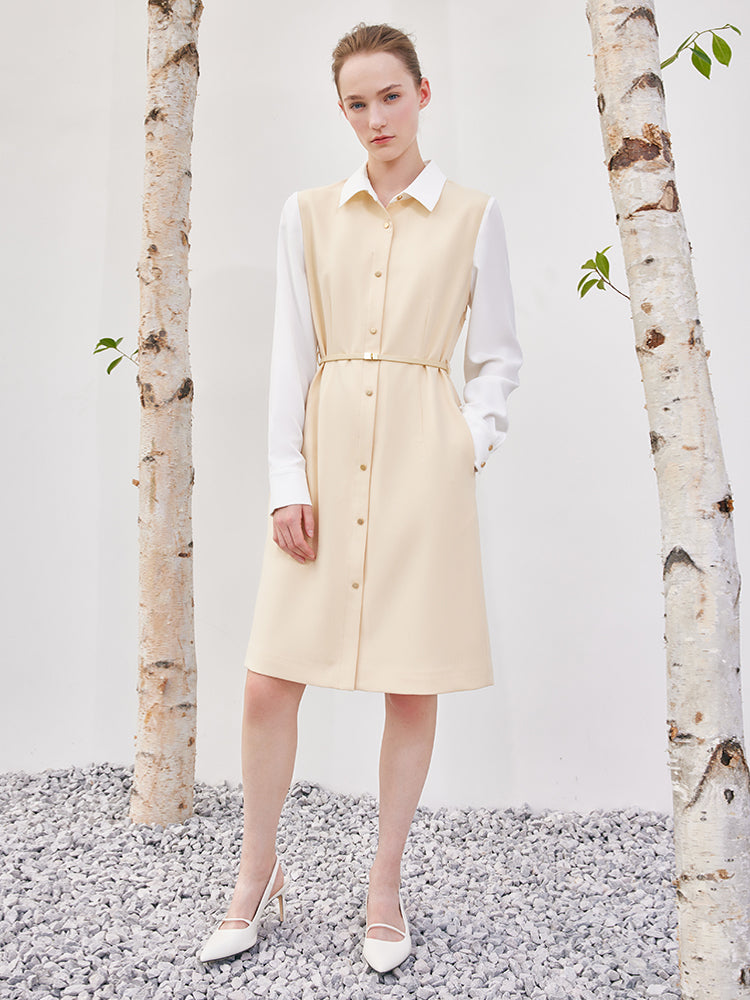 Krem Sarı Çift Katlı Patchwork Midi Elbise