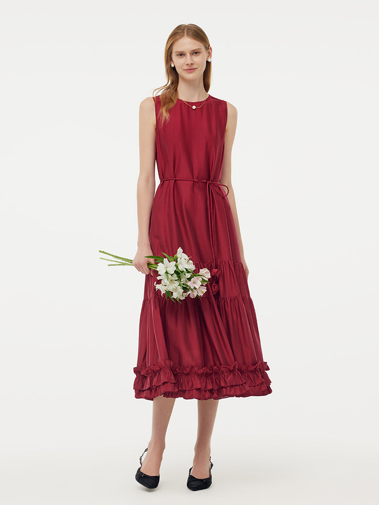 Tencel Kadın Katlı Yelek Midi Elbise Slip Elbise Ve Kemerli