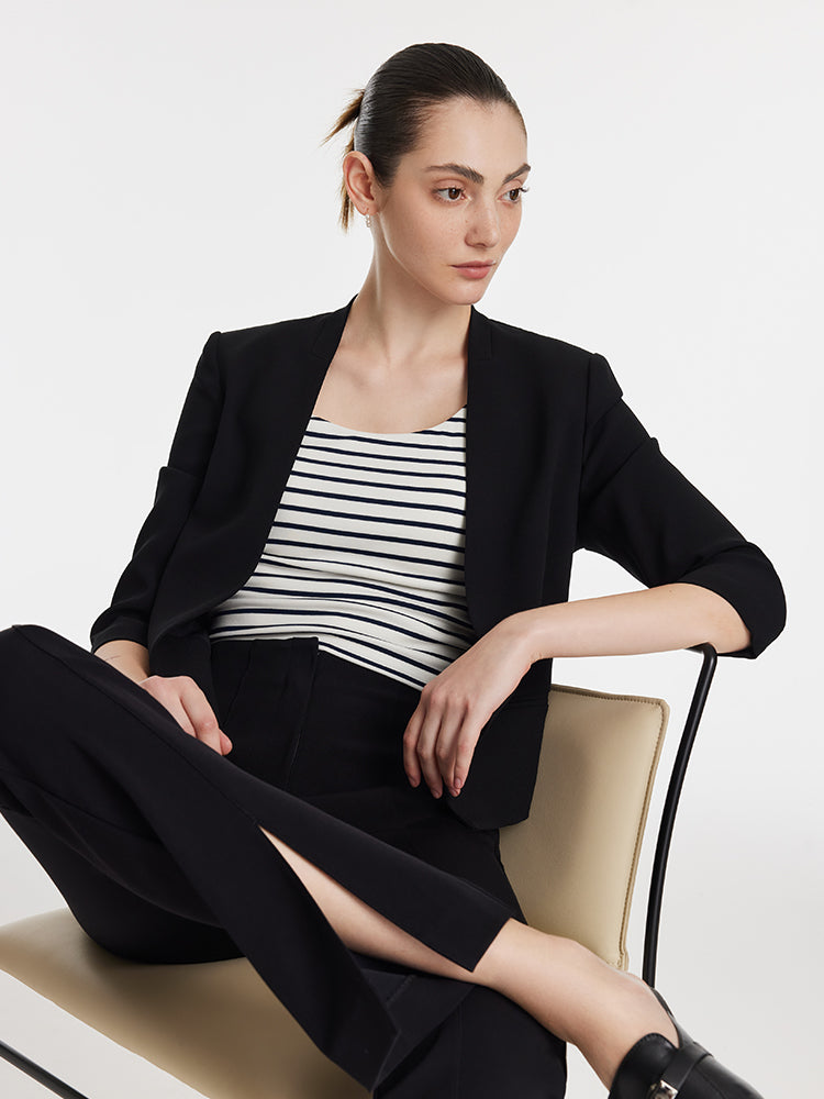 Triasetat 3/4 Kollu Kadın Crop Blazer