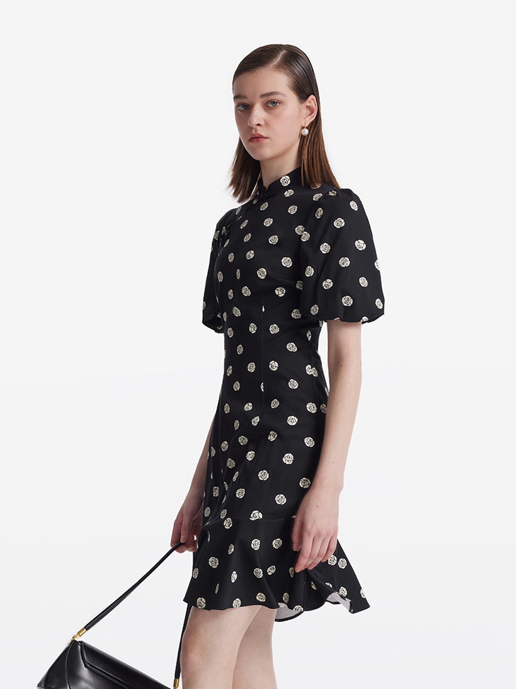 Gül Desenli Puf Kollu Kadın Qipao Mini Elbise