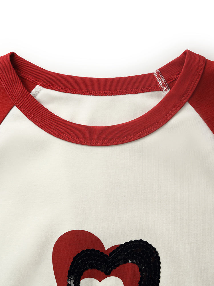 Reglan Kollu Kalp Desenli Payet Kadın Crop T-Shirt