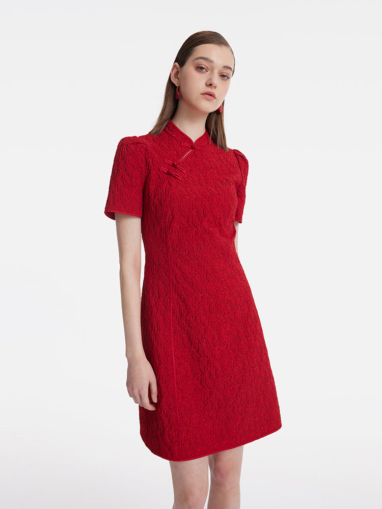 Jakarlı Cheongsam Kadın Qipao Mini Elbise