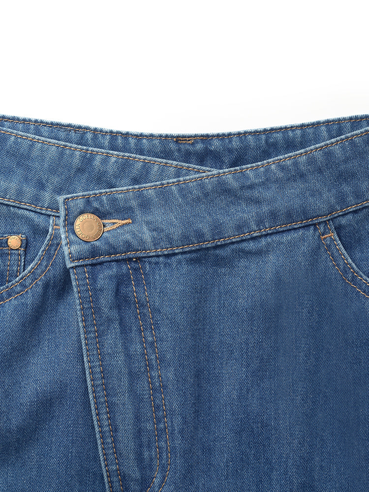 Denim Asimetrik Yırtmaçlı Kadın Etek