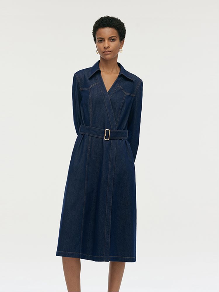 Denim Yaka Kadın Midi Elbise Kemerli