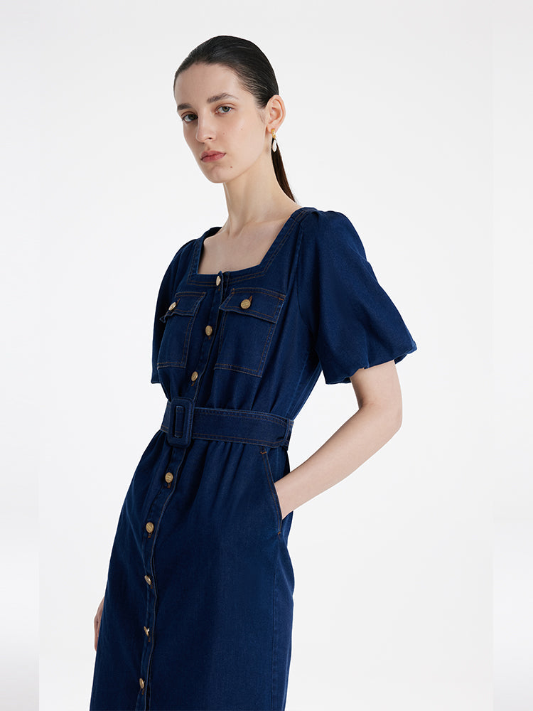 Puf Kollu Kare Yaka Denim Kadın Kemerli Midi Elbise
