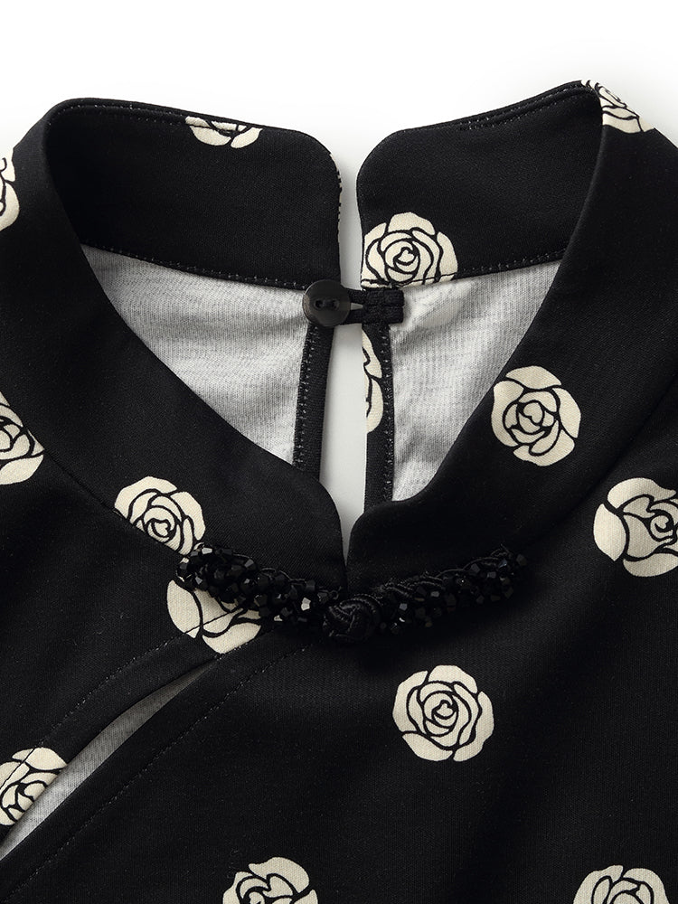 Gül Desenli Puf Kollu Kadın Qipao Mini Elbise