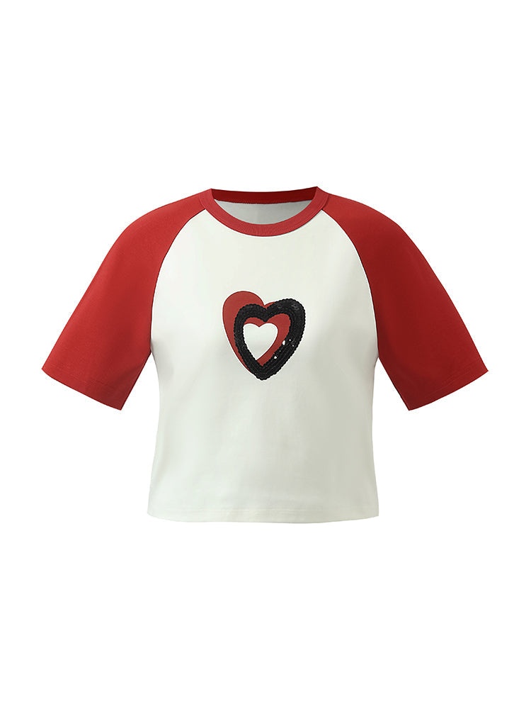 Reglan Kollu Kalp Desenli Payet Kadın Crop T-Shirt