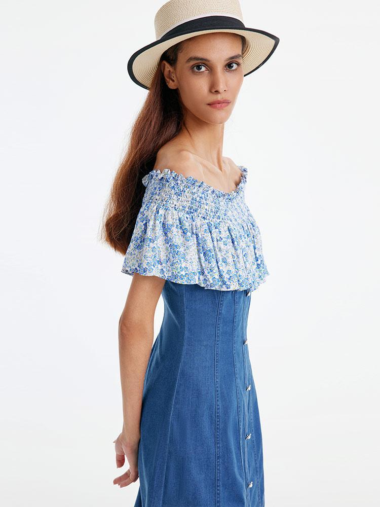 Patchwork Çiçekli Denim Elbise