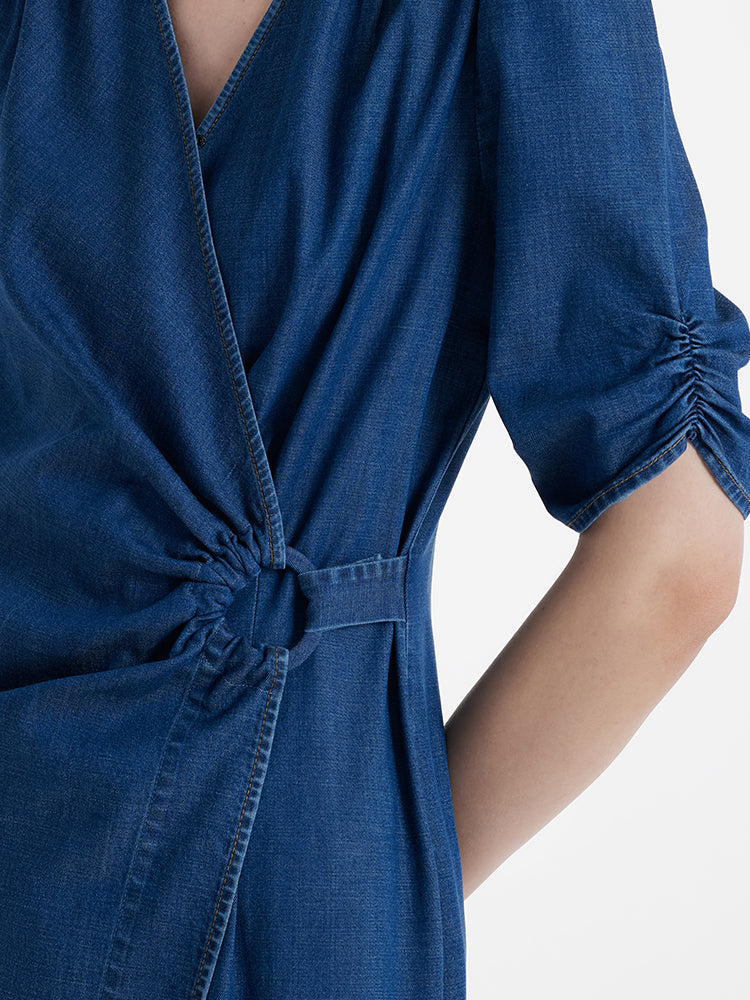 Denim V Yaka Büküm Bel Kadın Midi Elbise
