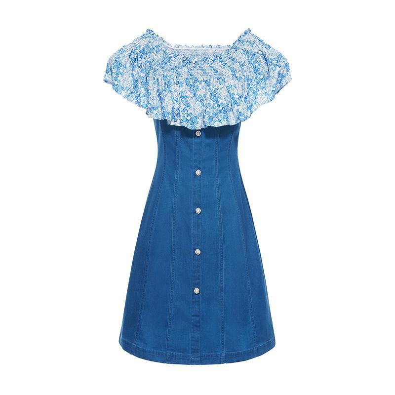 Patchwork Çiçekli Denim Elbise
