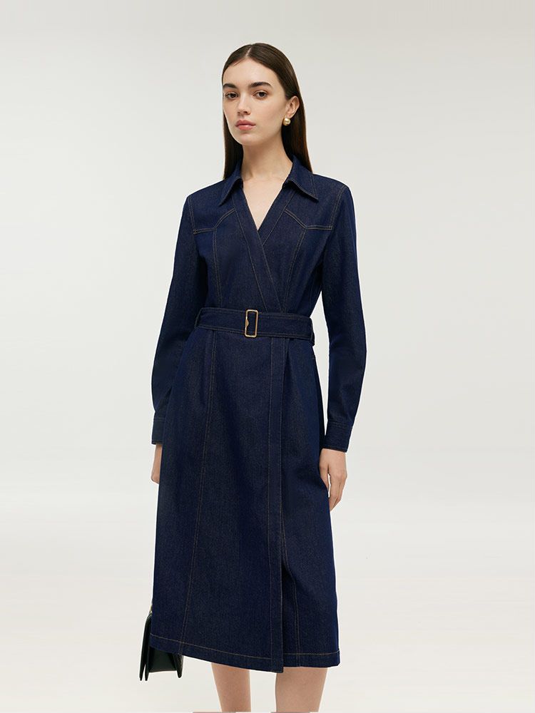 Denim Yaka Kadın Midi Elbise Kemerli