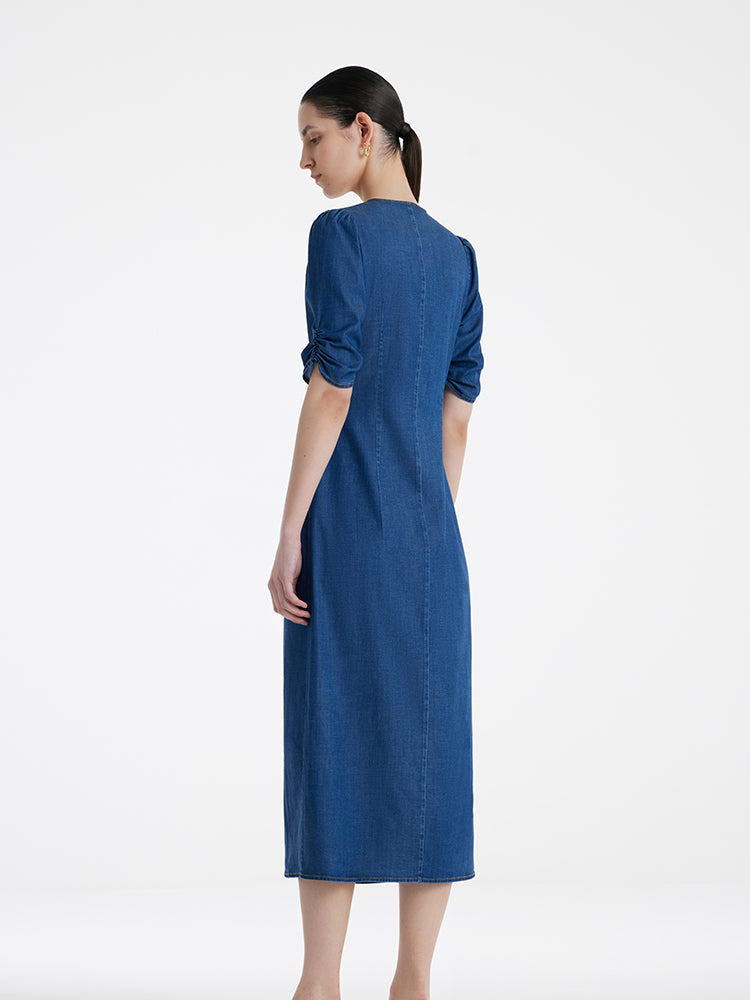 Denim V Yaka Büküm Bel Kadın Midi Elbise