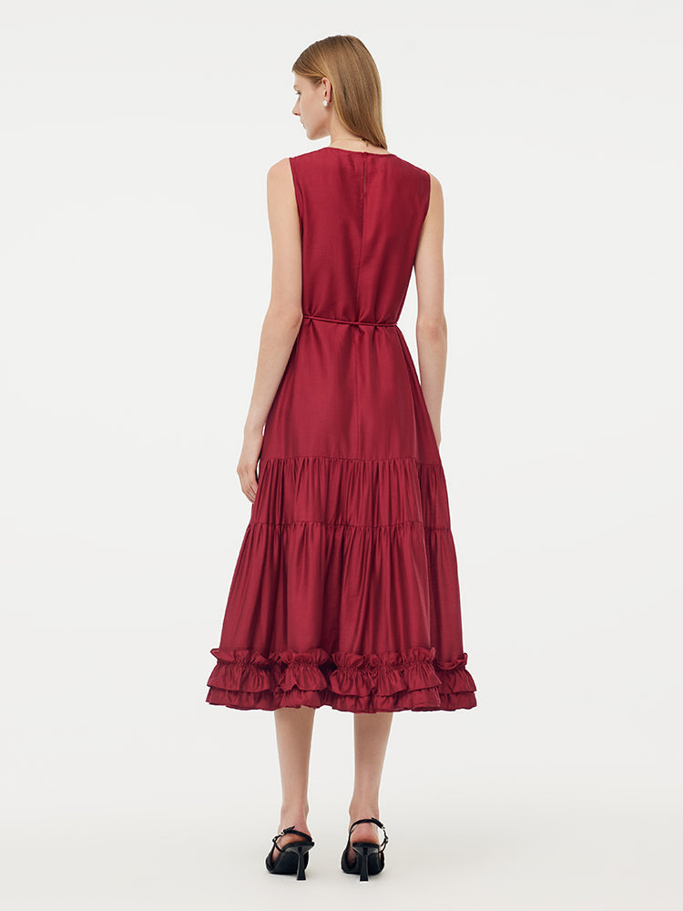 Tencel Kadın Katlı Yelek Midi Elbise Slip Elbise Ve Kemerli
