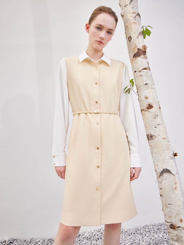 Krem Sarı Çift Katlı Patchwork Midi Elbise