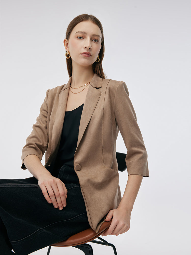 Suni Süet Tek Düğme 3/4 Kol Kadın Blazer
