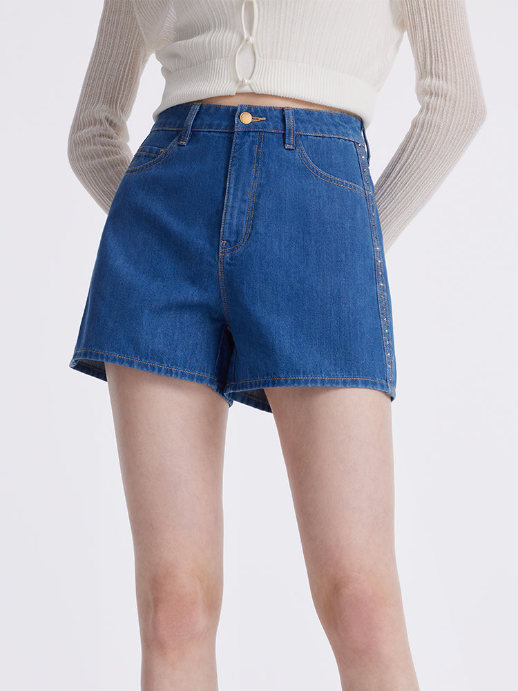 Taşlı Denim A-Line Kadın Şort