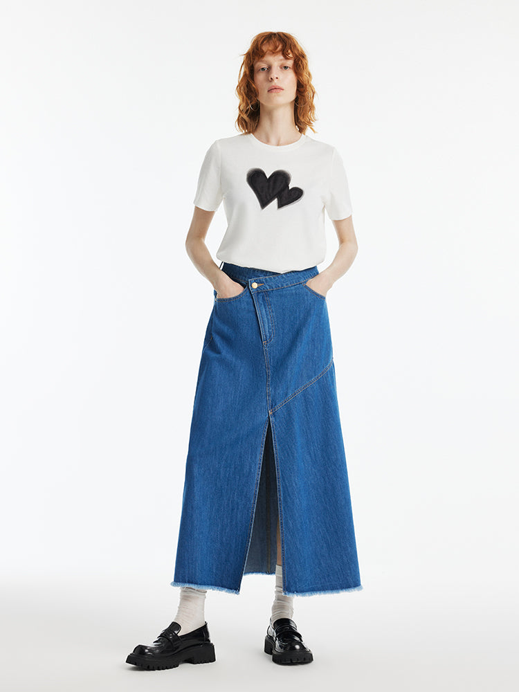 Denim Asimetrik Yırtmaçlı Kadın Etek