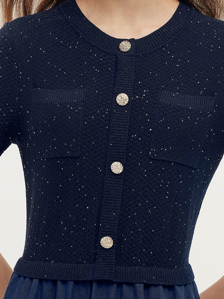 Denim Patchwork Payetler Büzgülü Bel Kadın Midi Elbise