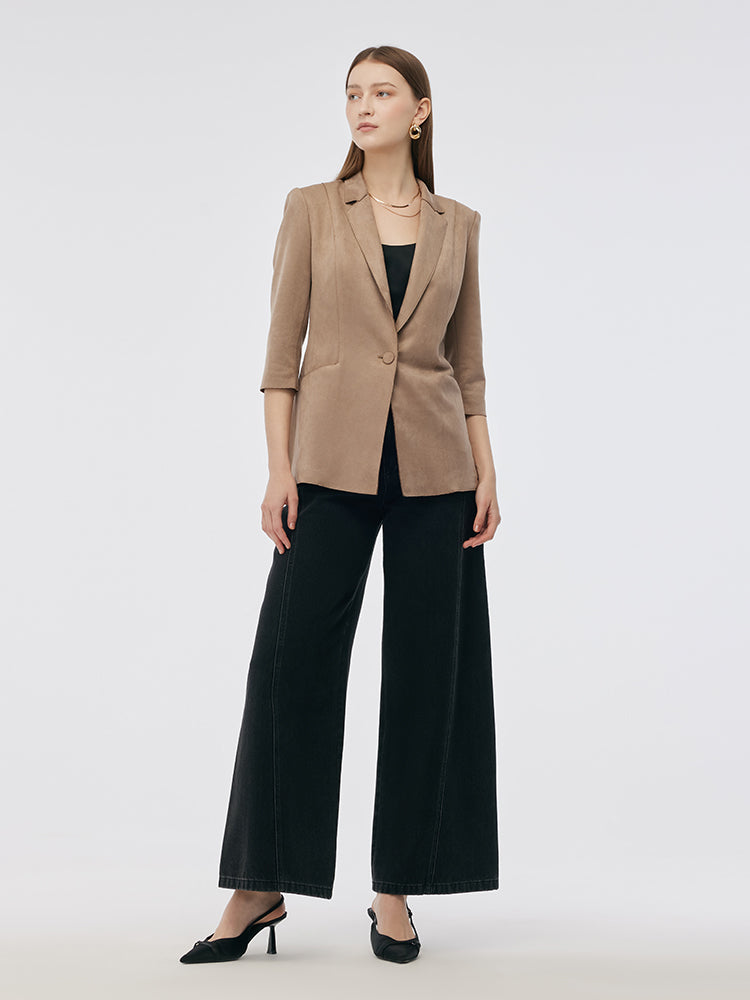 Suni Süet Tek Düğme 3/4 Kol Kadın Blazer