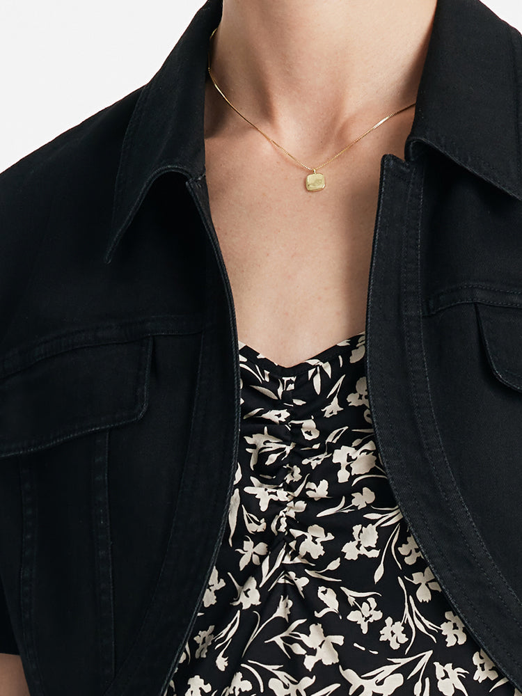 Denim Crop Ceket Ve İris Desenli Spagetti Askılı Midi Elbise İki Parçalı Set