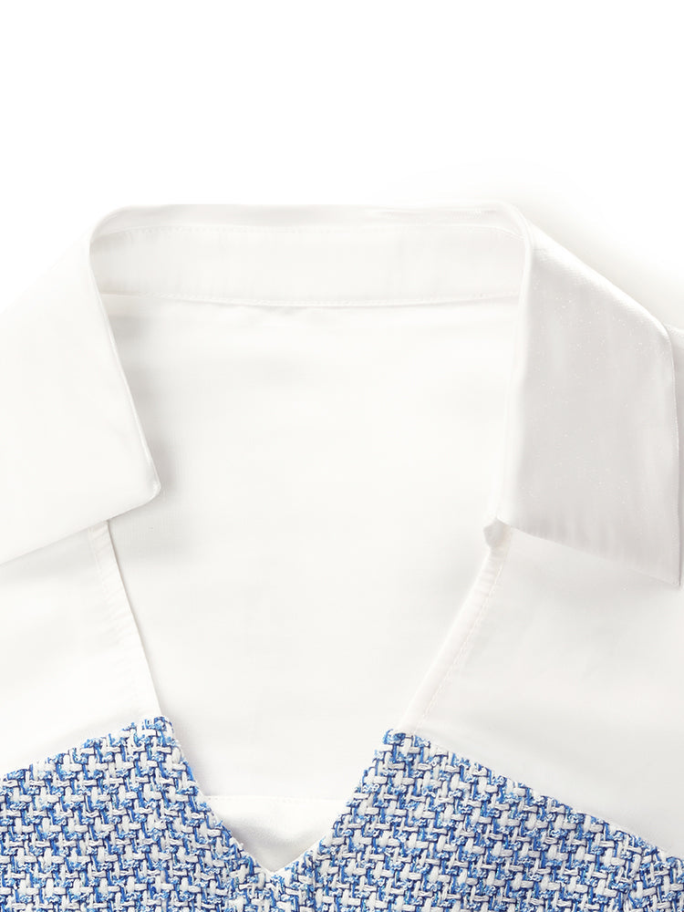 V Yaka Patchwork Tek Göğüslü Kadın Mini Elbise