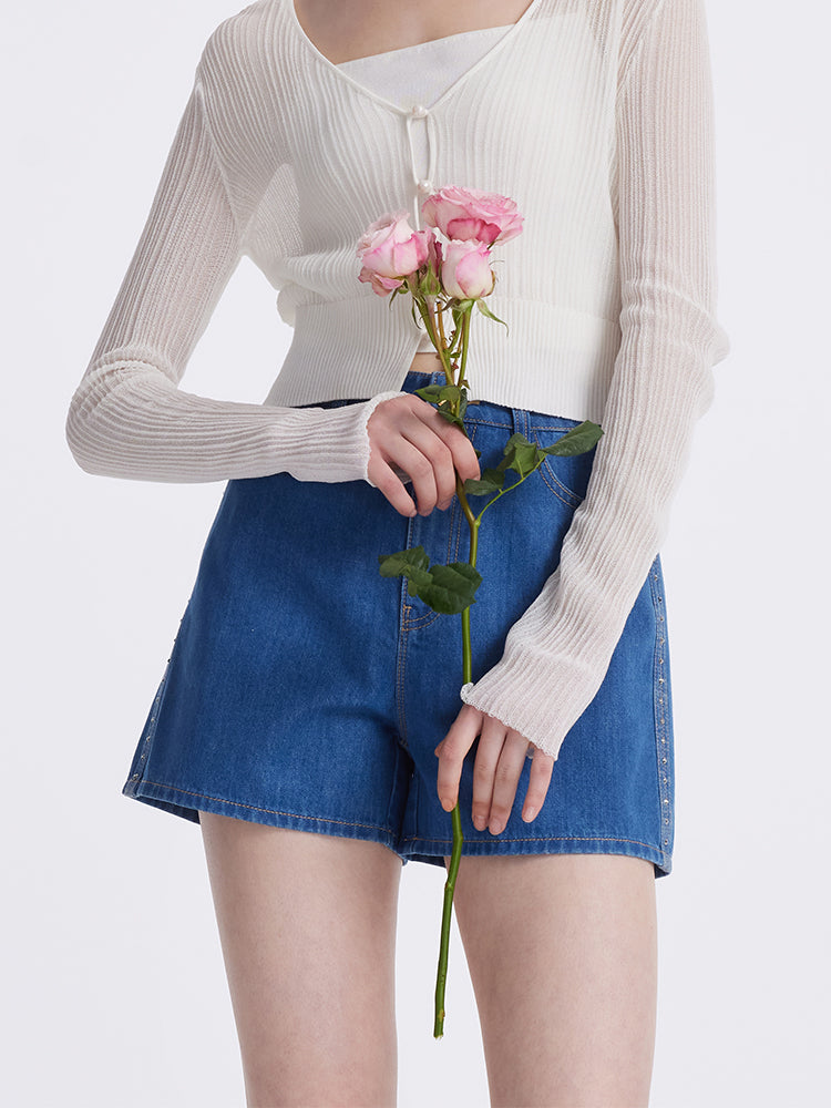 Taşlı Denim A-Line Kadın Şort