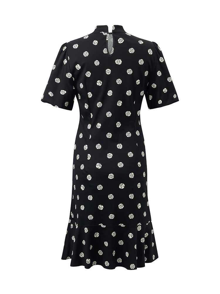 Gül Desenli Puf Kollu Kadın Qipao Mini Elbise