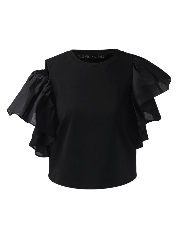 Asimetrik Patchwork Fırfırlı Kadın T-Shirt
