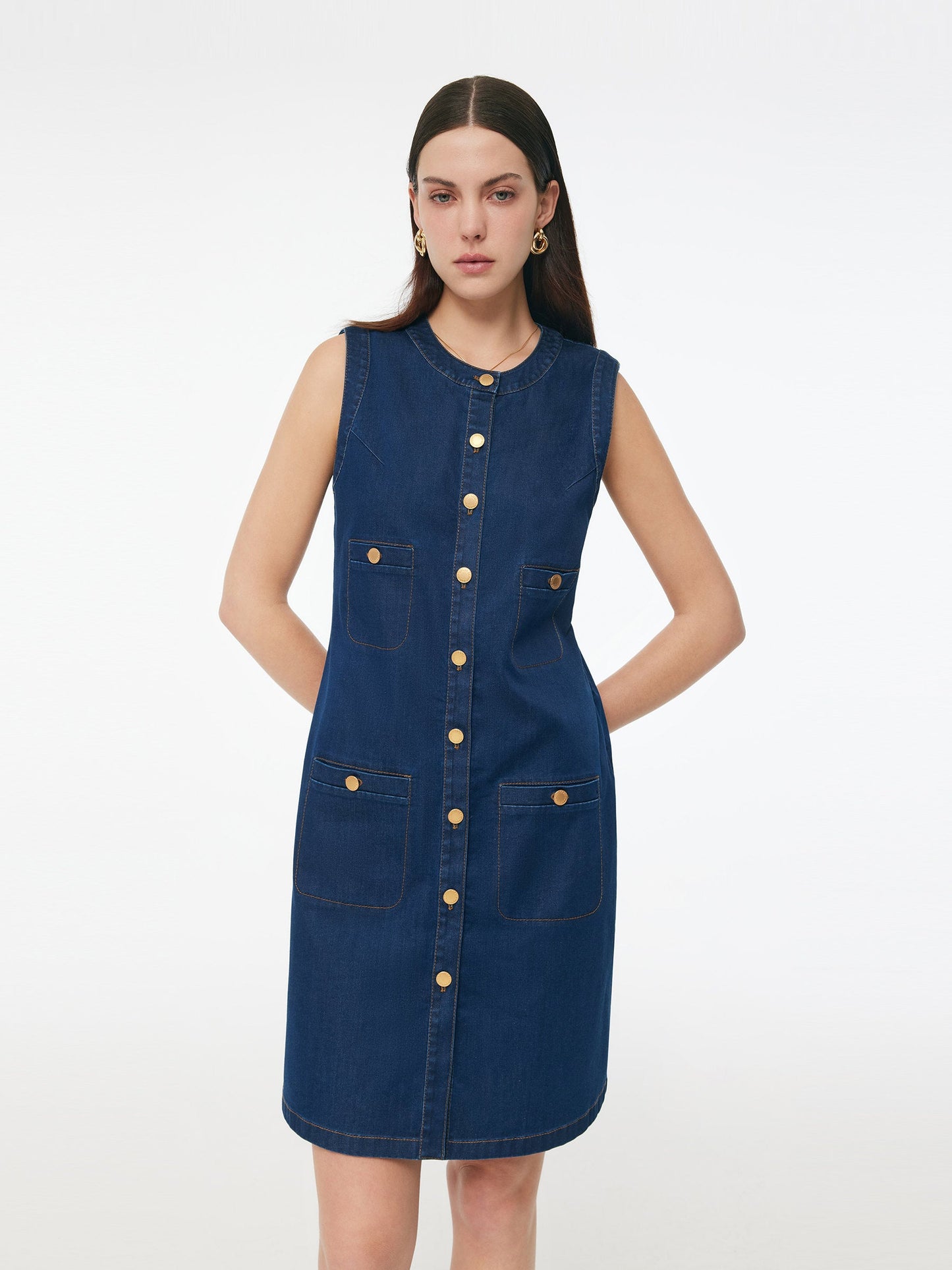 Denim Streç Ön Düğme Kadın Mini Elbise