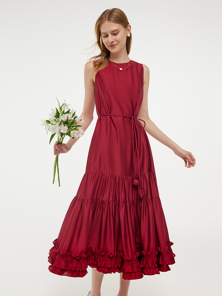 Tencel Kadın Katlı Yelek Midi Elbise Slip Elbise Ve Kemerli