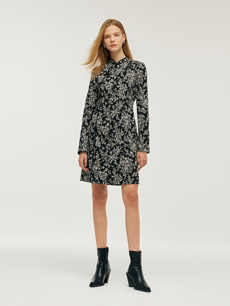 Siyah Beyaz Kelebekler Jakarlı Kadın Qipao Mini Elbise
