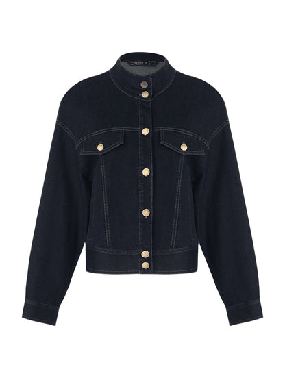 Dik Yaka Denim Kadın Crop Ceket