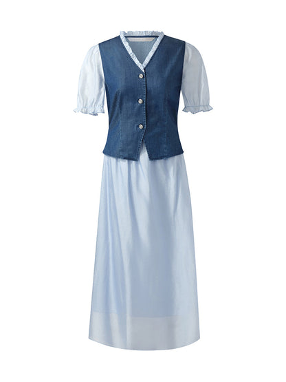 Denim Lyocell Patchwork Crop Ceket Ve Etek İkili Takım