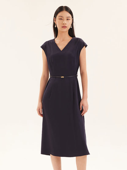Lacivert V Yaka Tencel Midi Elbise