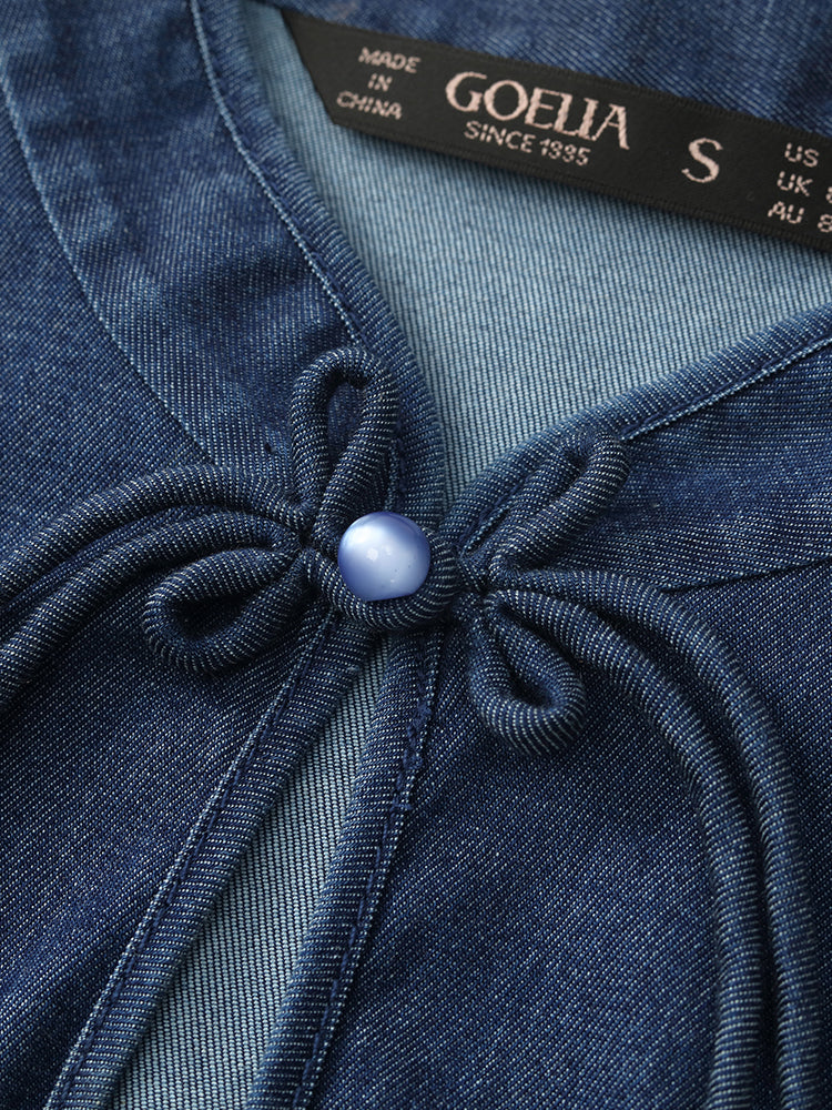 Denim Petal Kollu Kadın Qipao Mini Elbise