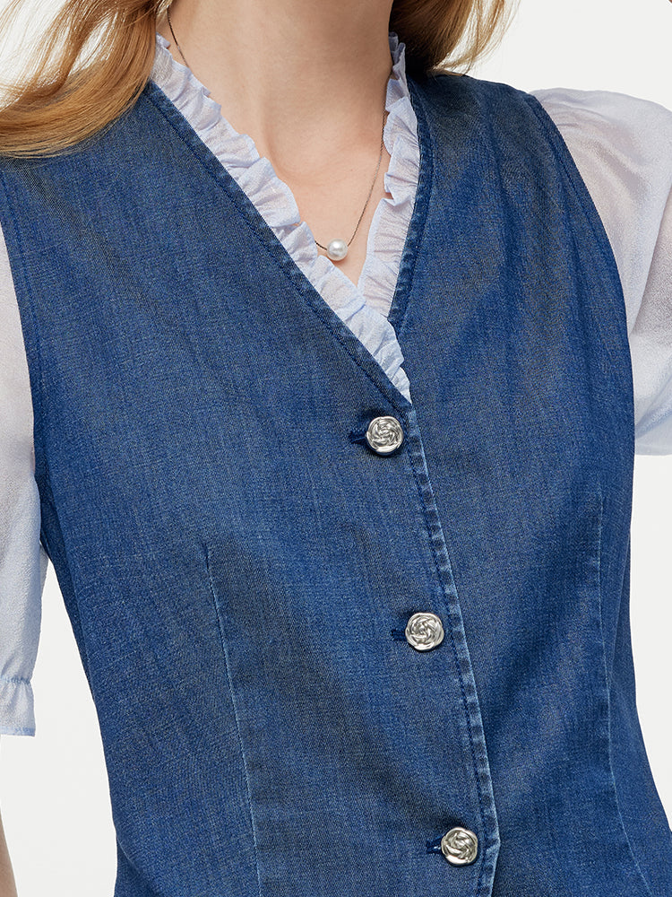 Denim Lyocell Patchwork Crop Ceket Ve Etek İkili Takım