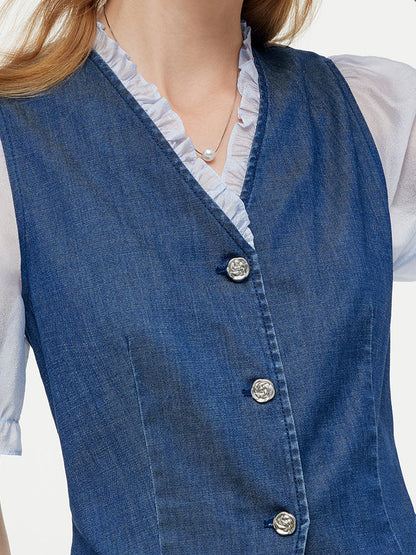 Denim Lyocell Patchwork Crop Ceket Ve Etek İkili Takım