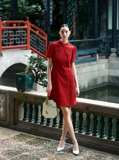 Jakarlı Cheongsam Kadın Qipao Mini Elbise