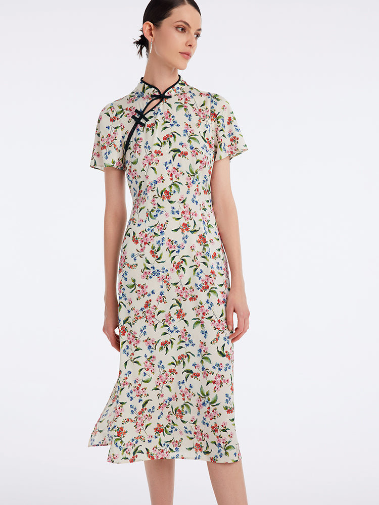 İpek Yırtmaçlı Cheongsam Qipao Midi Elbise