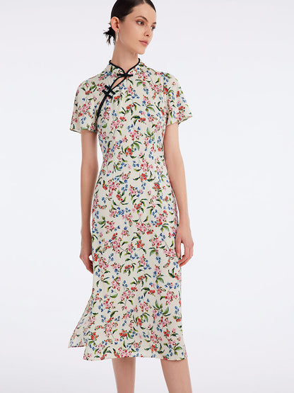 İpek Yırtmaçlı Cheongsam Qipao Midi Elbise