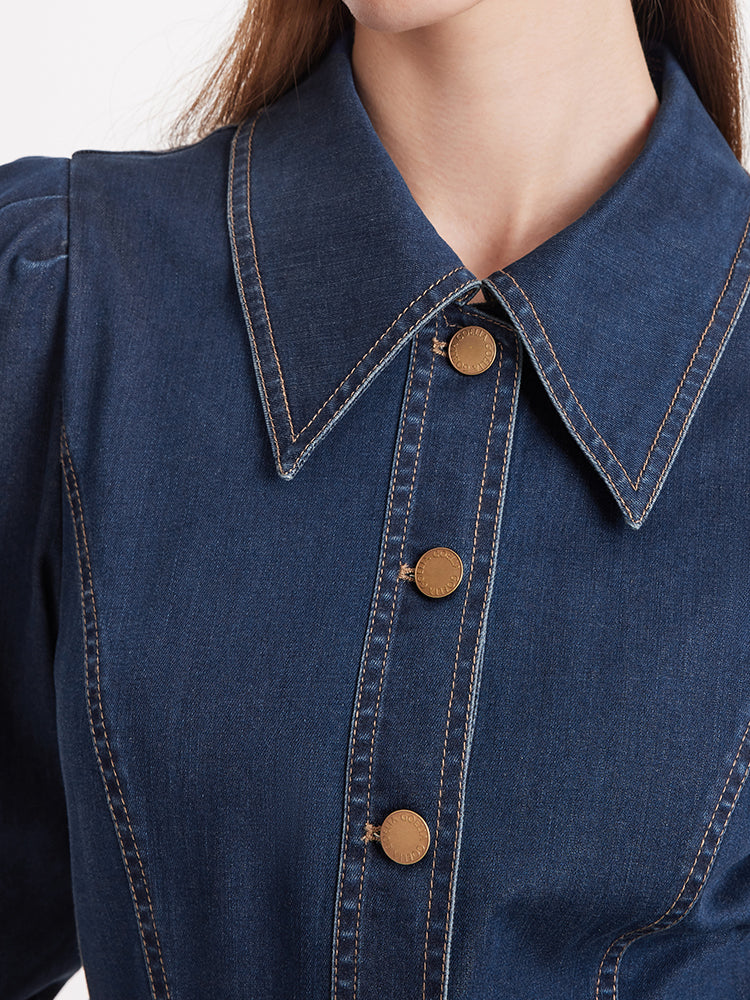 Tek Sıra Düğmeli Kemerli Kadın Midi Denim Elbise