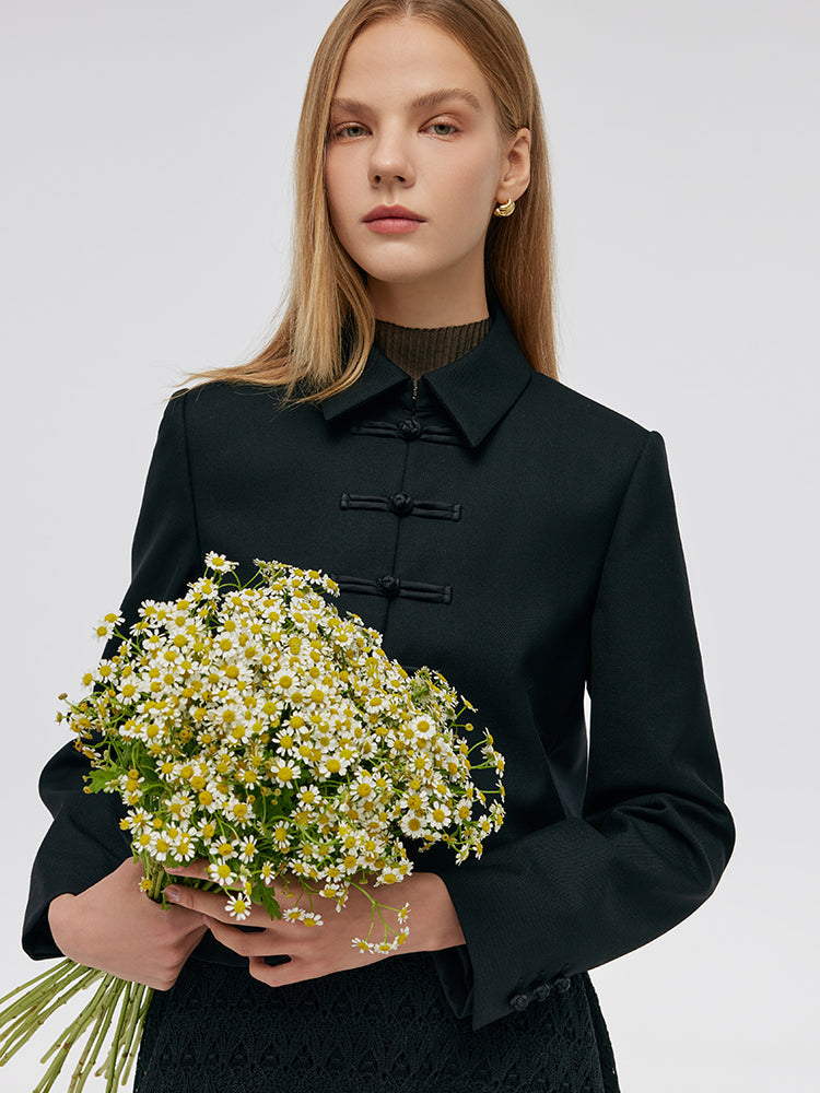 Yün Karışımlı Yeni Çin Tarzı Kadın Crop Ceket