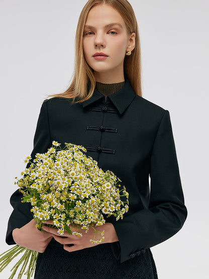 Yün Karışımlı Yeni Çin Tarzı Kadın Crop Ceket